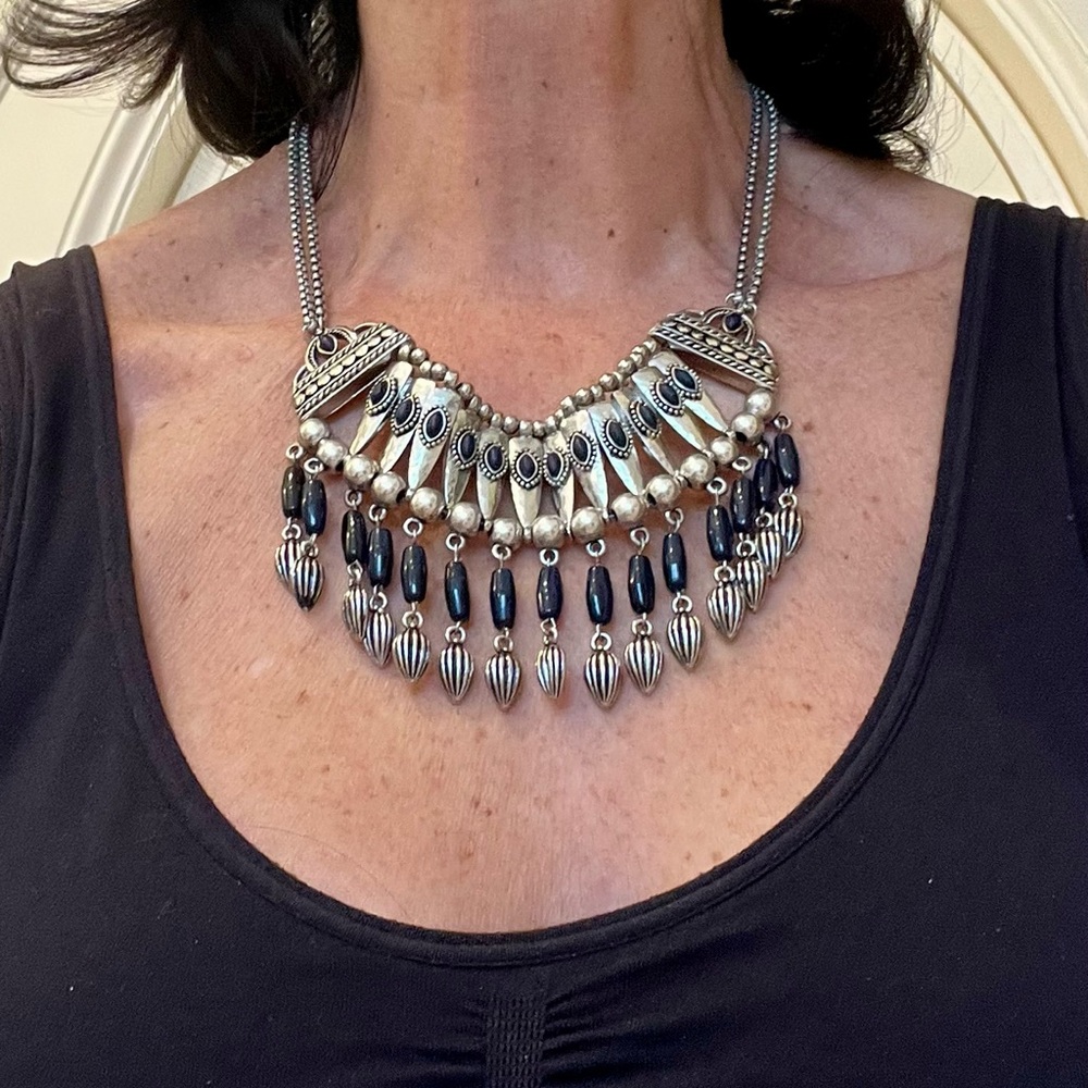 Bohemian Silver-Tone and Black Beaded Fringe Choker Necklace